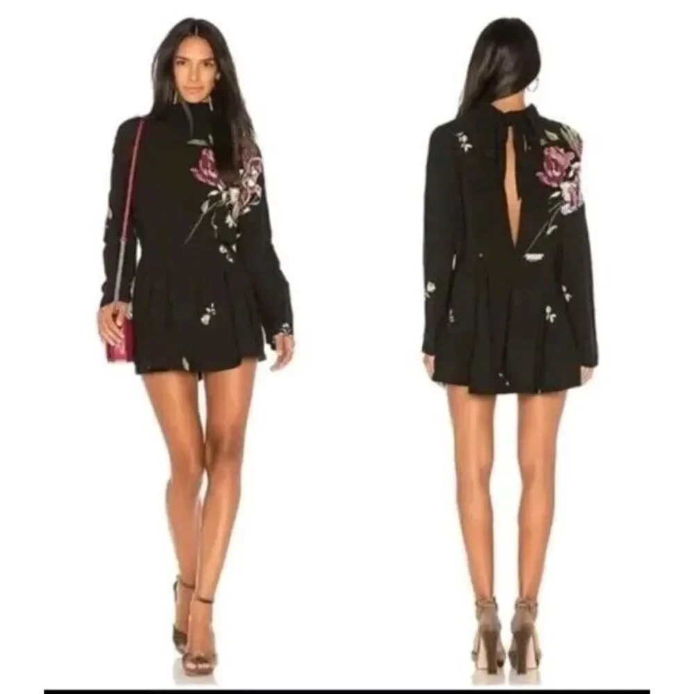 Free People Gemma Black Embroidered Floral Tie Open Back Tunic/Mini Dress Sz S‎